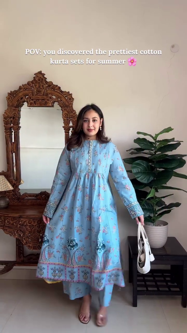 Light Blue Floral Cotton Kurta Set