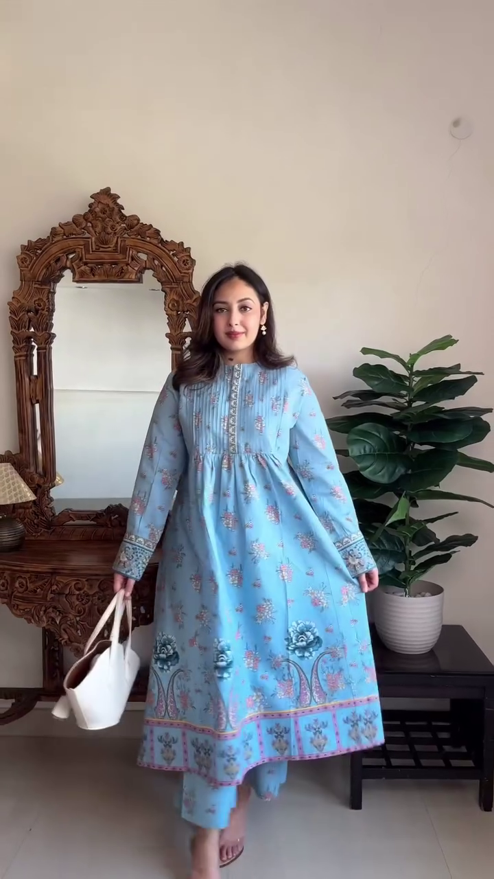 Light Blue Floral Cotton Kurta Set - Image 5