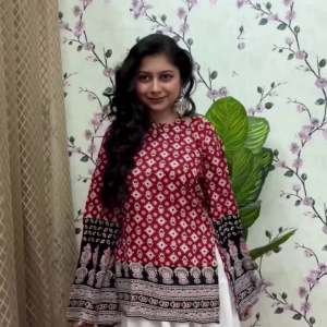 Red Printed Top with White Skirt