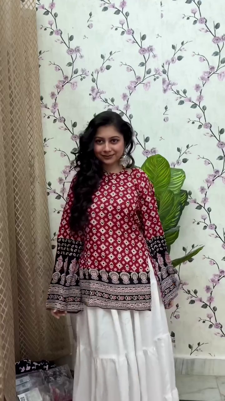 Red Printed Top with White Skirt
