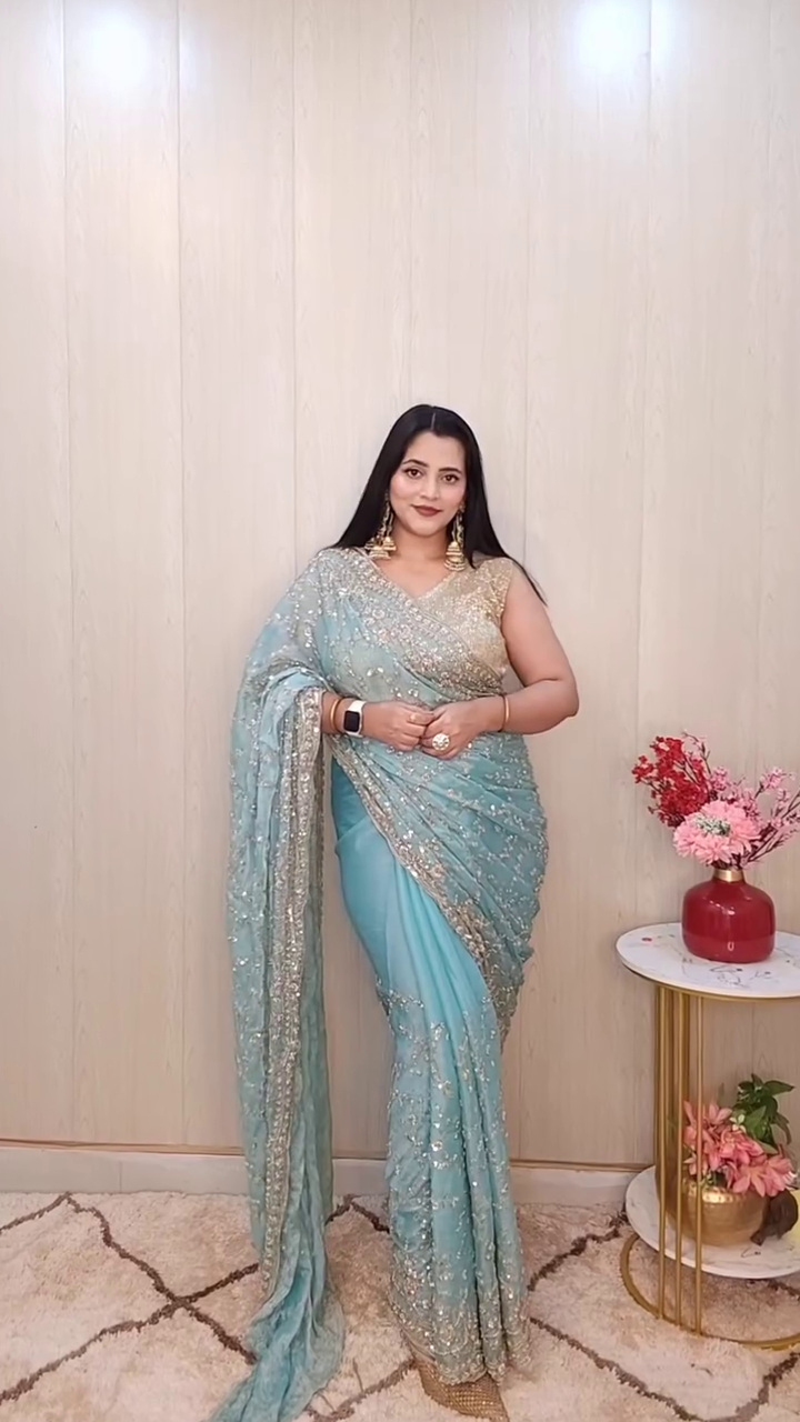 Aqua Blue Designer Saree - Image 4